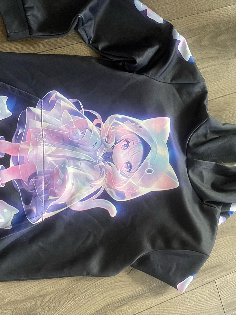 Kids Black Hoodie with Pastel Anime Cat Graphic